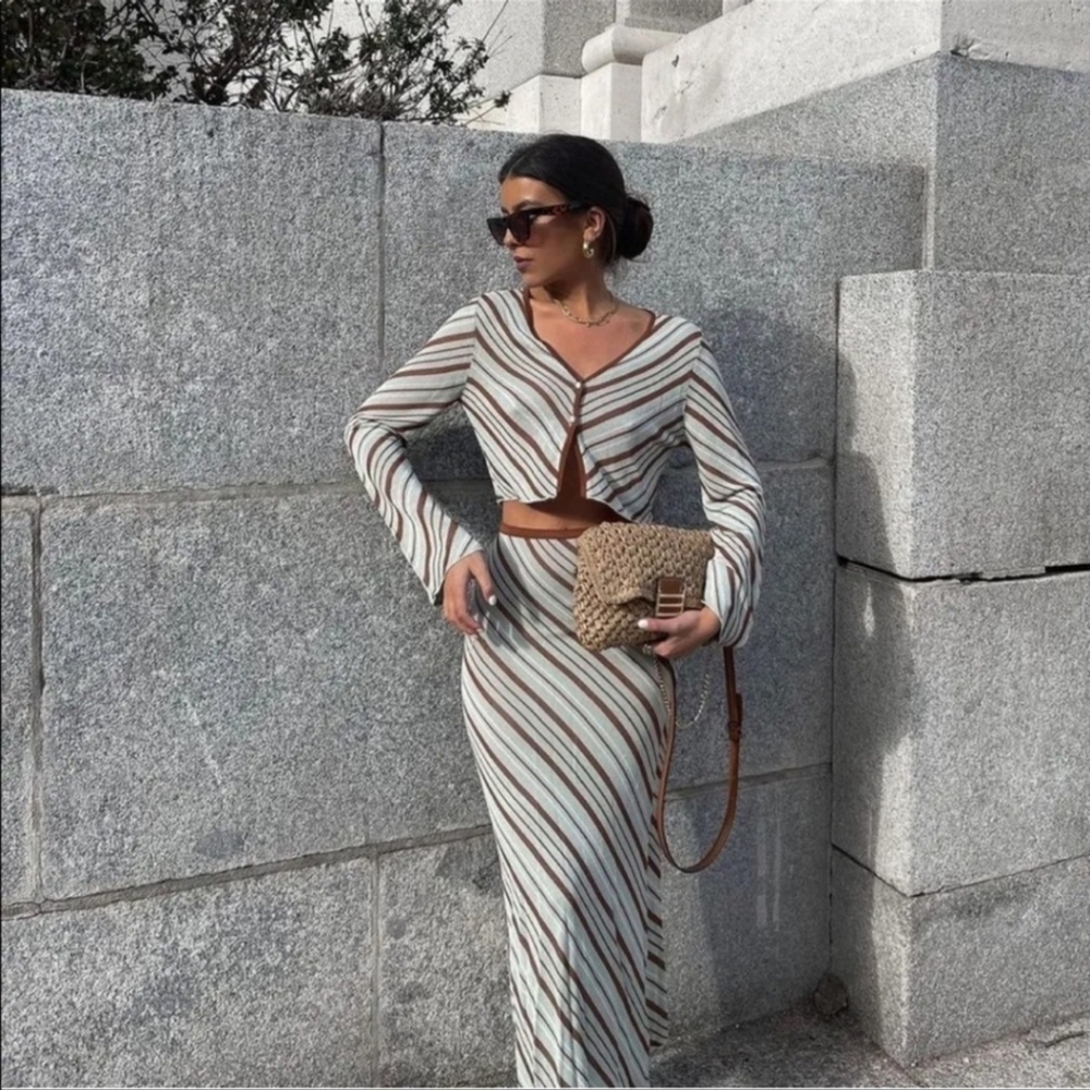 Zara Stripe Knit Top & Skirt Co Ord Set Size Large Green/ Brown - Picture 4 of 16